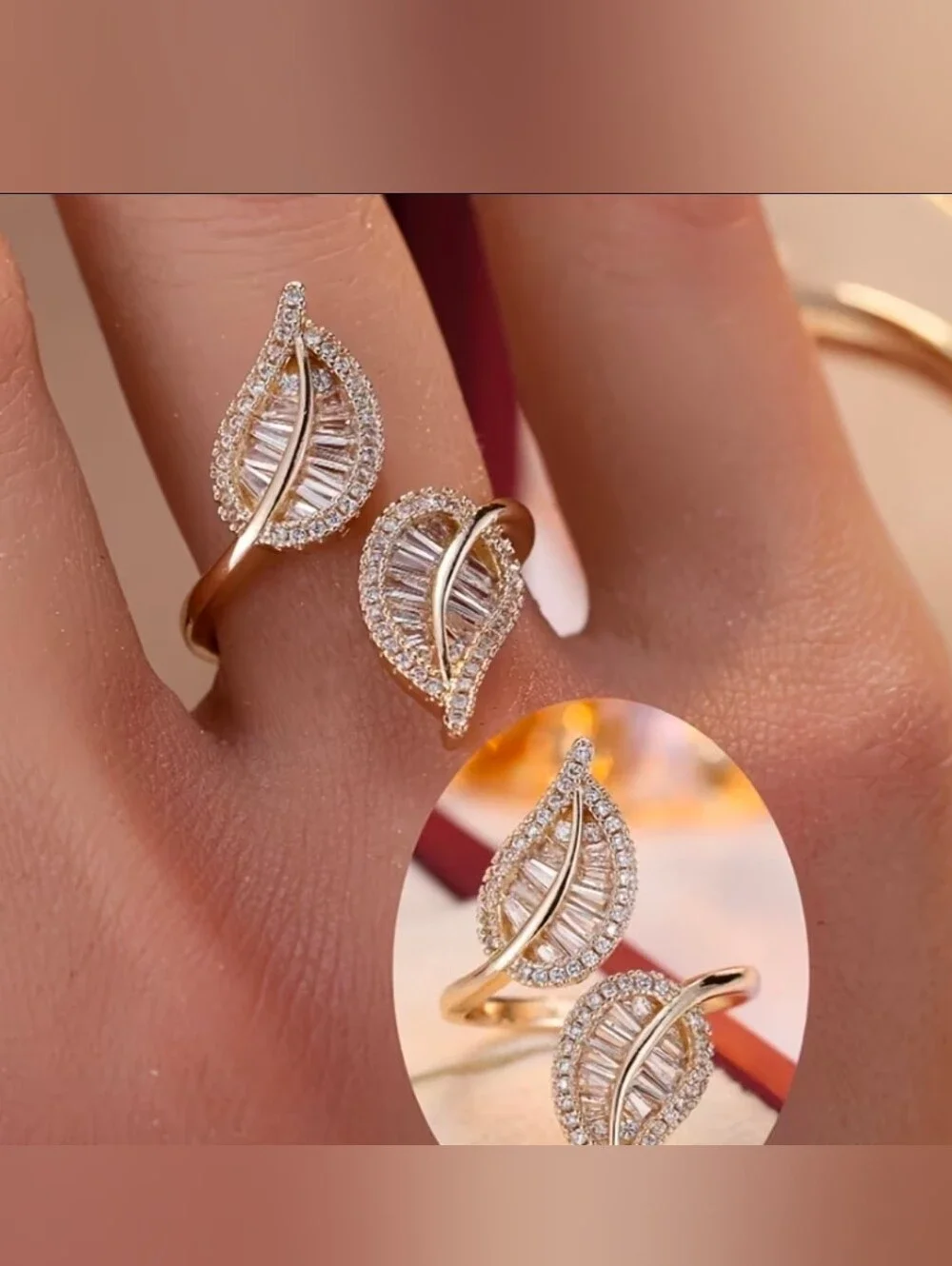 $8 Each Or Bundle 5/$20 Elegant Gold Leaf Crystal Adjustable Wrap Ring